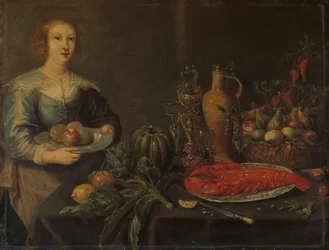 Sirviente junto a la mesa de la despensa, c.1635-1645 (óleo sobre cobre)