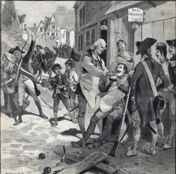 Asedio de Lille en 1792: Maes usando un fragmento de bomba como plato de barba para afeitar a un cliente. Grabado en 