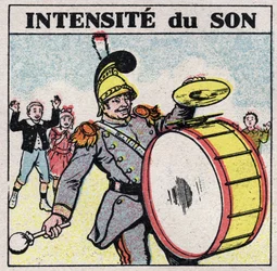 Energía sonora: sonido intenso. El bombo de una banda militar. Ilustración anónima de 1925. Colección privada.