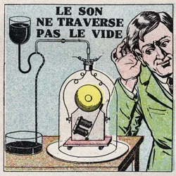 Energía sonora: el sonido no se propaga en el vacío. Ponemos una campana eléctrica en una campana cerrada y luego la vaciamos. Ilustración anónima de 1925. Colección privada.