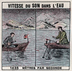 Energía sonora: velocidad del sonido en el agua. Experimento de 1826-1827 realizado por Jean Daniel (Jean-Daniel) Colladon (1802-1893) y Charles François Sturm (1803-1855) en el lago de Ginebra (lago Lemán). Dos barcos amarrados a 14 km de distancia, uno
