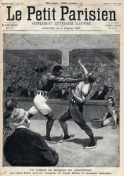 Deporte, Boxeo: Una pelea de boxeo en Inglaterra entre Peter Jackson y el campeón australiano Frank Slavin. Grabado. En "Le petit parisien" el 12/06/1892. Colección privada