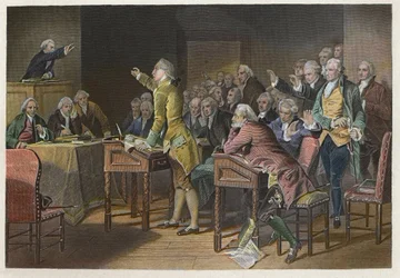Ley del Timbre (Ley de Derechos en las Colonias Americanas) - Líder revolucionario estadounidense Patrick Henry (1736-1799) hablando en contra de la Ley del Timbre en la Cámara de los Burgueses de Virginia en 1765 - Discurso de Patrick Henry contra la Ley 