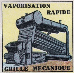 Generadores de vapor: rejilla mecánica que permite la carga automática de una caldera. Ilustración anónima de 1925. Colección privada.