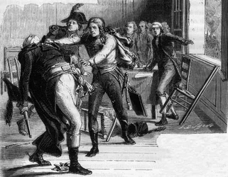 Suicidio de Nicolas Joseph Beaurepaire (1792) tras la decisión de devolver Verdun a los prusianos - Grabado en “Histoire des Girondins” por Alphonse de Lamartine (1790-1869) 1865-1866 - Colección privada