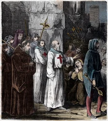 Suplicio de los Templarios: Jacques de Molay (Molai) gran maestro de la Orden de los Templarios y varios de sus compañeros son acusados de herejía y depravaciones por el rey Felipe IV llamado el Hermoso y ejecutados el 4 de marzo