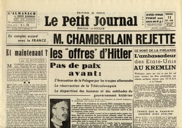 Le Petit Journal, viernes 13 de octubre de 1939: Neville Chamberlain (1869-1940) rechaza las propuestas de Adolf Hitler
