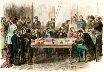 Experiencia de telefonía en la sala de espera de la estación Saint Lazare (Saint-Lazare) en París el 6/09/1879. Grabado del siglo XIX Colección Privada