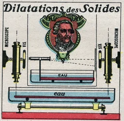 Temperatura y dilataciones: expansión de sólidos estudiada por Antoine Laurent de Lavoisier (1743-1794). Ilustración anónima de 1925. Colección privada.