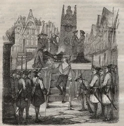 El caballero François-Jean Lefebvre de La Barre (François Jean Lefebvre de La Barre) subiendo al cadalso en 1766. Grabado en «Histoire des bagnes depuis leur création à nos jours» (1877) de Pierre Zaccone (1817-1895), colonia penal