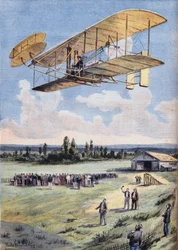 Los hombres voladores: las experiencias de Wilbur Wright (1867-1912) sobre el hipódromo de Hunaudieres, cerca de la ciudad de Le Mans. Grabado del periódico “Le Peute Parisien”, el 30/08/1908. Colección privada.