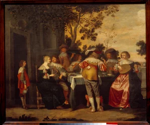 La escena galante juego de cartas con pareja de jugadores y músicos. Pintura anónima. Siglo XVII Lille, Museo de Bellas Artes