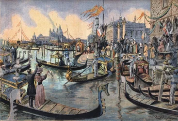 El emperador alemán Guillermo II de Prusia (1859-1941) en Venecia. Grabado del periódico "Le Peute Parisien", el 12/04/1908. Colección privada.