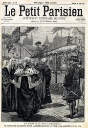 El Jubileo de la Reina de Inglaterra Victoria: el alcalde de Londres Horatio Davies (1819-1901) y sus concejales recibiendo a la Reina en la ciudad. En "Le Petit Parisien" el 27/06/1897. Colección privada