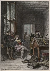 El Rey de Francia Francisco I (1494-1547), protector de las artes y las letras, visitando los talleres de los impresores Estienne (Robert Estienne), circa 1540