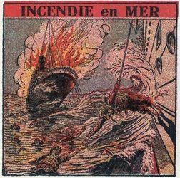 La T.S.F.: incendio en el mar. La T.S.F. es utilizada por los barcos para pedir ayuda durante un naufragio. Ilustración anónima de 1925. Colección privada.