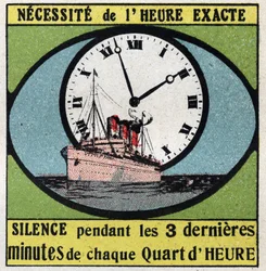 La T.S.F.: requiere la hora exacta. Silencio durante los últimos 3 minutos de cada cuarto de hora. Ilustración anónima de 1925. Colección privada.