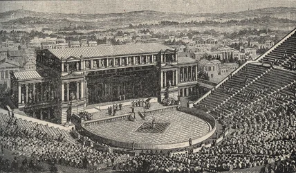 El teatro de Dioniso, la Acrópolis, Atenas, Grecia - recreación de 1890 del teatro de Dioniso en la antigua Atenas, Grecia - grabado, 1890