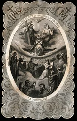 La Virgen María con la Santísima Trinidad (Dios, Jesucristo y la paloma del Espíritu Santo). Tarjeta dentada. Siglo XIX. Colección privada