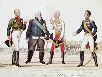 Los soberanos aliados: Alejandro I de Rusia, Luis XVIII de Francia, Francisco II de Austria y Federico Guillermo III de Prusia durante la firma de la Alianza en París septiembre de 1815