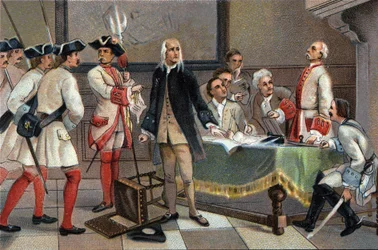 El arresto de François Anneessens en 1719 por haber sido el principal instigador del motín de Bruselas en 1717. Cromolitografía publicitaria de chocolates Antoine en Bruselas, principios del siglo XX. Colección privada.