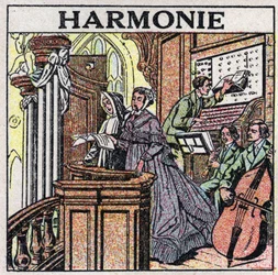 El arte de los sonidos: armonía. Cantantes y músicos en una iglesia. Ilustración anónima de 1925. Colección privada.