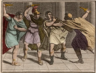 El asesinato del emperador romano Julio César (Jules César - Giulio Cesare o Cayo Julio César) el 15 de marzo del 44 a.C. - Grabado de “The Rollin of Youth or Chosen Pieces of Ancient and Roman Stories” 1816 - Colección privada