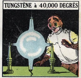 El átomo y la ciencia: intento de disolver tungsteno volatilizando un fino alambre de este metal a 40,000 grados. Ilustración anónima de 1925. Colección privada.