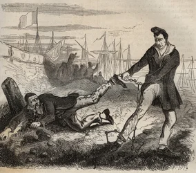 El mayor tormento del forzado es ser un desparejado. Pelea entre dos prisioneros conectados por la misma cadena. Bagne de Rochefort en el siglo XIX. Grabado en “Histoire des bagnes depuis leur création à nos jours” (1877) de Pierre Zaccone (1817-1895).