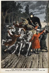 Los bandidos de los caminos: el ataque al correo de Lyon entre Lieusaint y Melun (Seine Et Marne) en abril de 1796. Grabado en “Le Petite Journal”