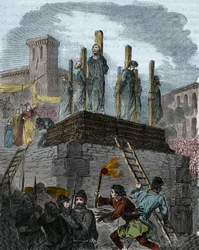 El caso de los herejes de Orleans: canónigos fueron condenados a la hoguera por herejía en Orleans en 1022. Primera hoguera en la historia de la lucha contra la herejía en Occidente bajo el reinado de Roberto II el Piadoso (996-1031). Grabado del siglo XIX