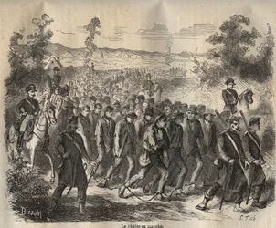 La cadena comenzó en el Bagne de Toulon en el siglo XIX. Grabado en “Histoire des bagnes depuis leur création à nos jours” (1877) por Pierre Zaccone (1817-1895). Colección privada.