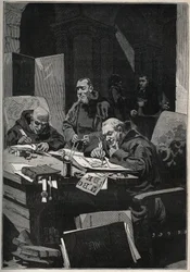 El crisógrafo: monjes copistas realizando iluminaciones en letras doradas en la Edad Media. Grabado de 1885 en “Les arts et métiers illustrés” por Adolphe BITARD.