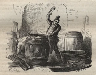 El tonelero del bagne de Toulon en el siglo XIX. Grabado en "Histoire des bagnes depuis leur creación à nos jours" (1877) por Pierre Zaccone (1817-1895). Colección privada