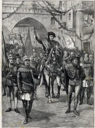 El cortejo de corporaciones en el siglo XIV: El preboste de los mercaderes de París. Grabado. En “Le petit parisien”, el 18/06/1899. Colección privada.