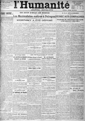 El golpe en Rusia en los titulares del periódico socialista “Humanidad”. Titulares: “Los Máximos Maestros en Petrogrado”, “Kerensky fue depuesto” (Kerenski), 9/11/1917