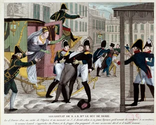 La muerte de Charles Ferdinand de Bourbon, duque de Berry (1778-1820), 13/02/1820, a la salida de la Real Academia de Música. El sobrino del rey Luis XVIII fue asesinado en la Ópera por Louvel, un republicano que quería acabar con la dinastía real. Engravi