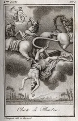 La caída de Faetón (Phaethon), incapaz de controlar el carro de Helios, fue golpeado por Zeus y cayó en el río Erídano. Grabado de 1819 en “Cartas a Emilie sobre la mitología” por Charles Albert Demoustier (1760-1801). Colección privada.