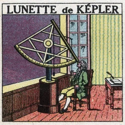 Los primeros instrumentos ópticos: anteojo astronómico de Johannes Kepler (Keppler) (1571-1630) inventado alrededor de 1615. Ilustración anónima de 1925. Colección privada.