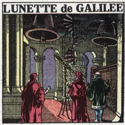Los primeros instrumentos ópticos: anteojo astronómico de Galileo Galilei llamado Galilei (1564-1642) inventado en 1610. Ilustración anónima de 1925. Colección privada.