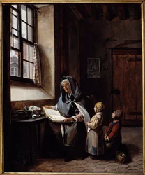 La abuela. Una abuela leyendo a sus dos nietos. Pintura anónima. Siglo XIX. Colección privada
