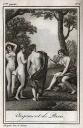 El juicio de París. El pastor París debe elegir a quién dará la manzana dorada para designar a la más bella de las tres diosas, Atenea, Afrodita o Hera. Grabado de 1819 en 
