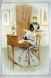 La carta. Una joven sentada en su escritorio escribe una carta. Acuarela del siglo XIX. Colección privada.