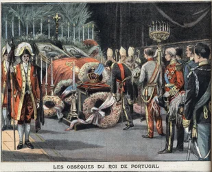 Las exequias del rey de Portugal Carlos I (1863-1908), asesinado el 1 de febrero de 1908. Grabado del periódico « Le Petit Parisien », del 23/02/1908. Colección privada.