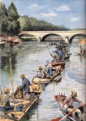La apertura de la pesca. Grabado del periódico "Le Petit Parisien", el 21/06/1908. Colección privada.