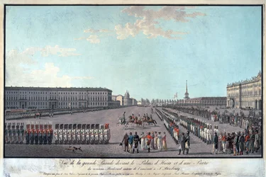 El desfile frente al Palacio de Invierno en San Petersburgo - Anónimo - 1799 - Aguafuerte, acuarela - 65x95,6 - Colección Privada