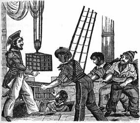 El pirata «Long Ben» John Avery (muerto en 1643) cargó tres cajas de tesoros (oro y piedras) en su barco. Grabado de «The Pirate