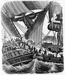 El caballero pirata Jean Lafitte (1780-1826) se acerca al barco Queen East de la Compagnie des Indes. Grabado de “The pirate own book” 1837