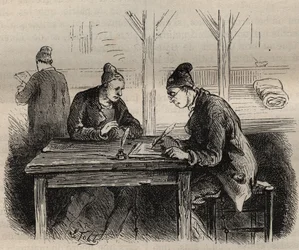 El escritor público en el Bagne de Toulon en el siglo XIX. Grabado en “Histoire des bagnes depuis leur création à nos jours” (1877) por Pierre Zaccone (1817-1895). Colección privada.
