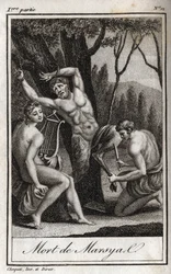 El castigo o muerte de Marsias (El castigo de Marsias) es castigado por haber desafiado a Apolo a la lira y es desollado por el Arquero en presencia del Rey Midas y las Musas. Grabado de 1819 en “Lettres a Emilie sur la mythologie” de Charles Albert Demous